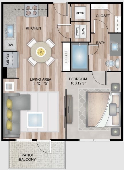 Floor plan for 1 bed, 1 bath, 558 sqft